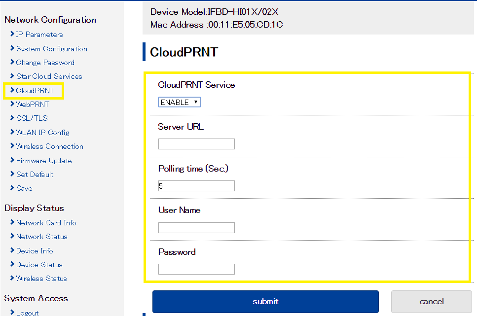 Web config ui cloudprnt of the HI01/02X
